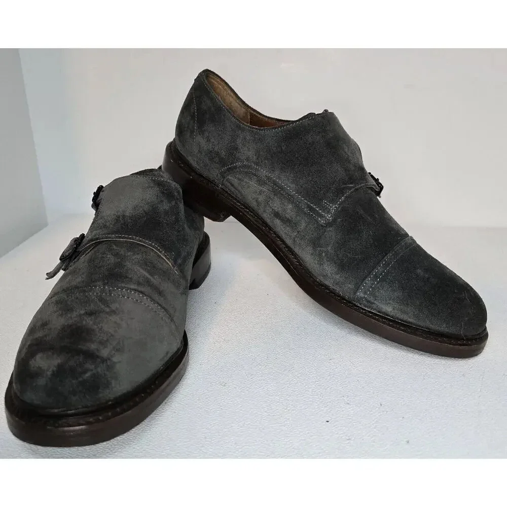 Men Frye James Double Monk Strap Loafers 81123 Sz 8.5 D Gray Suede Cap Toe Shoes